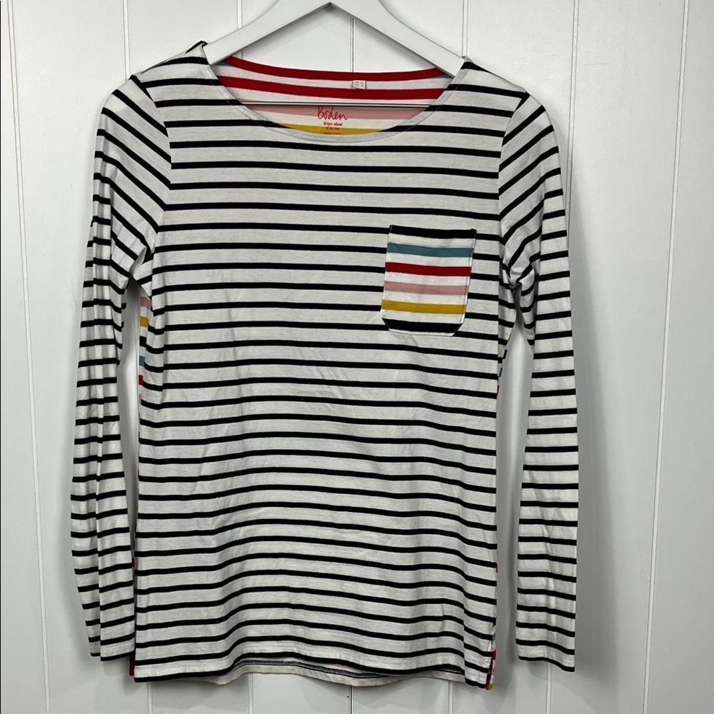 Boden Womens Scoop Neck Tee 8 Black White Stripe Multi-Color Stripes on Back EUC